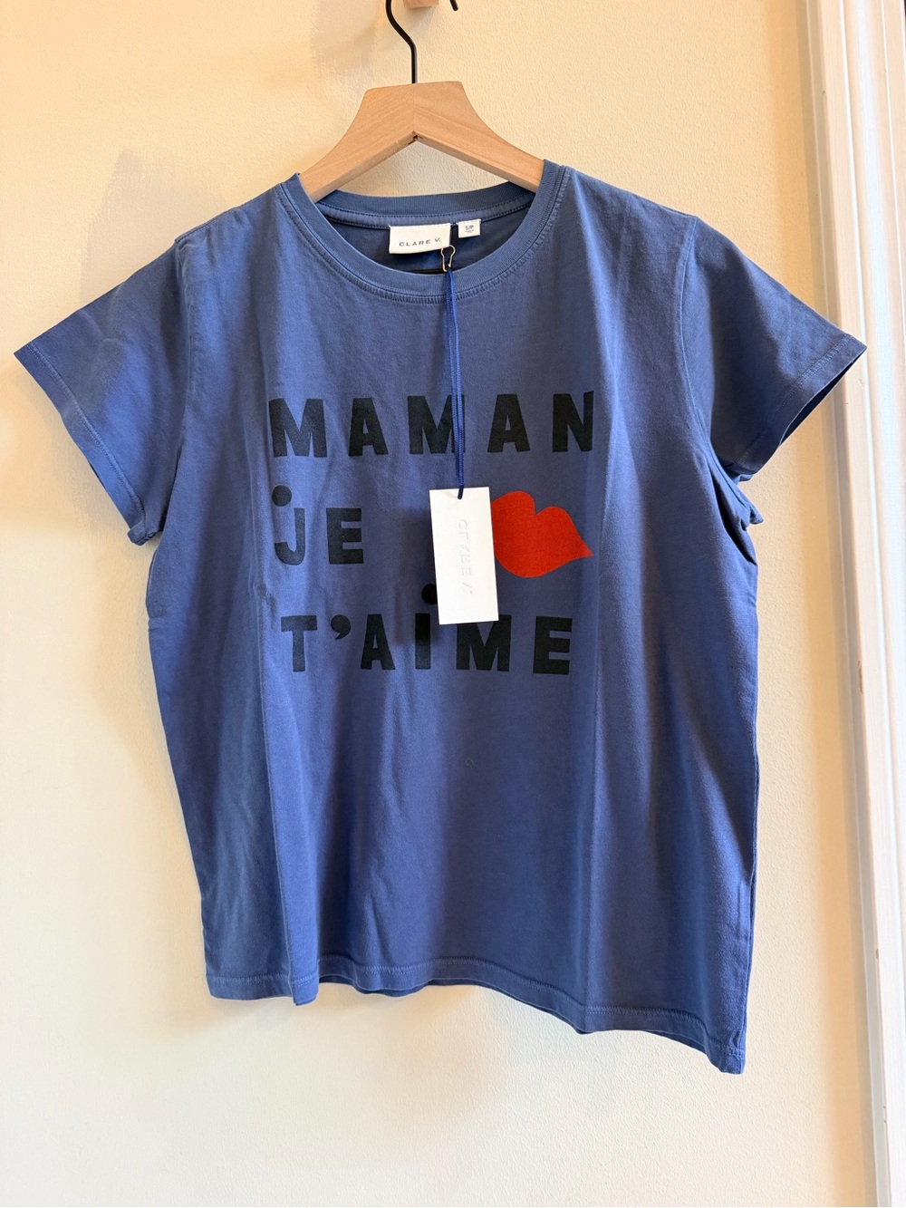 Clare V Classic Tee - Faded Navy w/ Black/Poppy Maman Je T'aime NWT